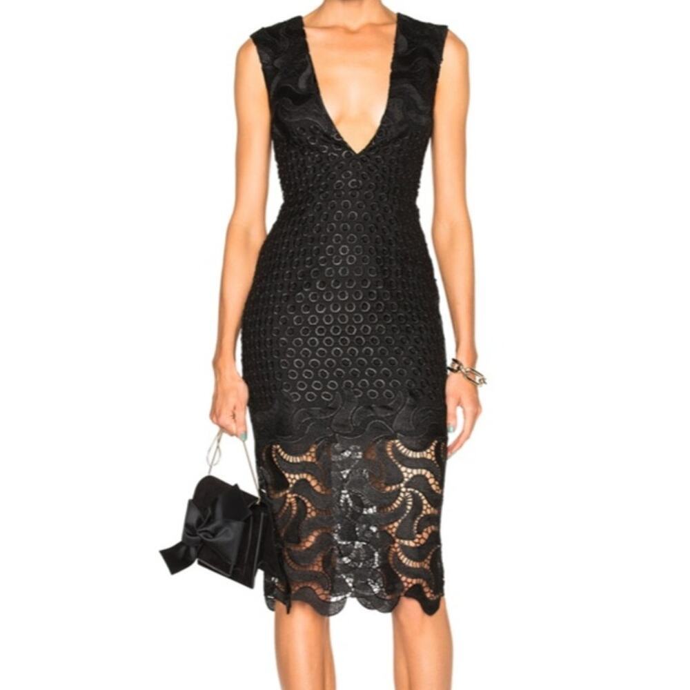 Nicholas Black Deep V-Neck Sleeveless Midi Sheath Crochet Dress • Size 4